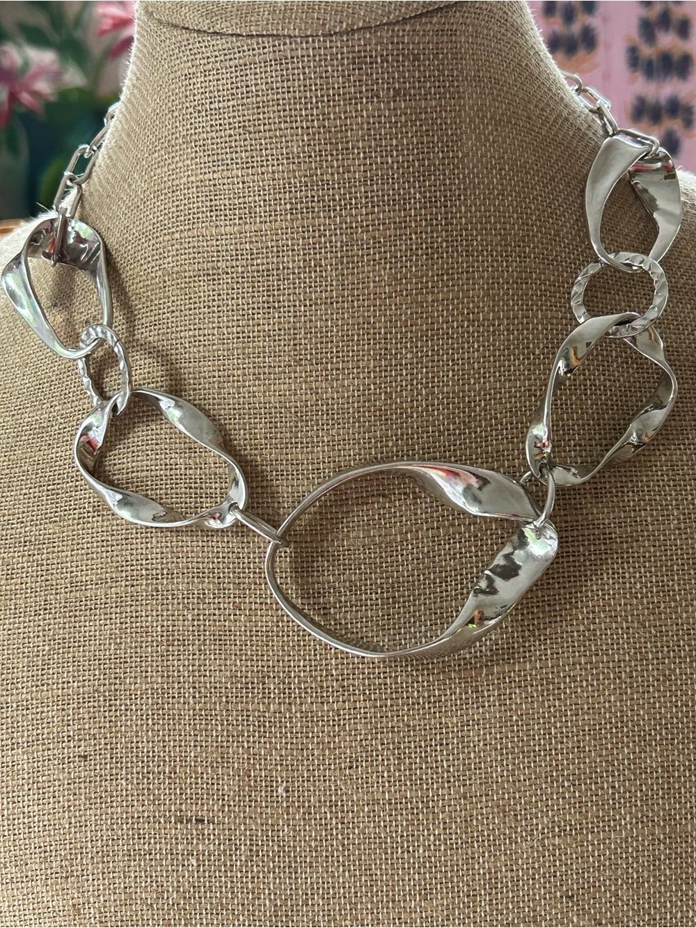 Silver tone modernist necklace